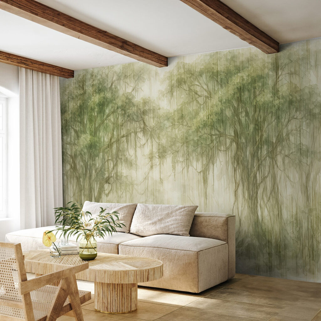 Painting of trees in a foggy forest Painting of trees in a foggy forest