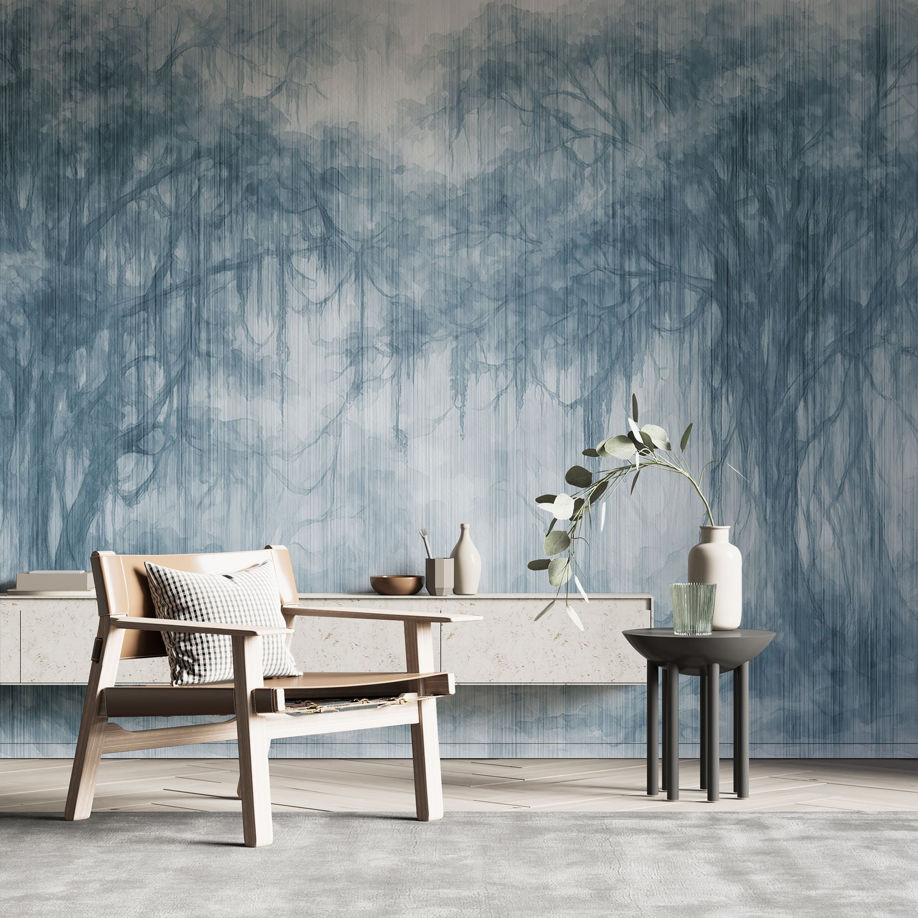 Group of trees in a foggy forest Group of trees in a foggy forest