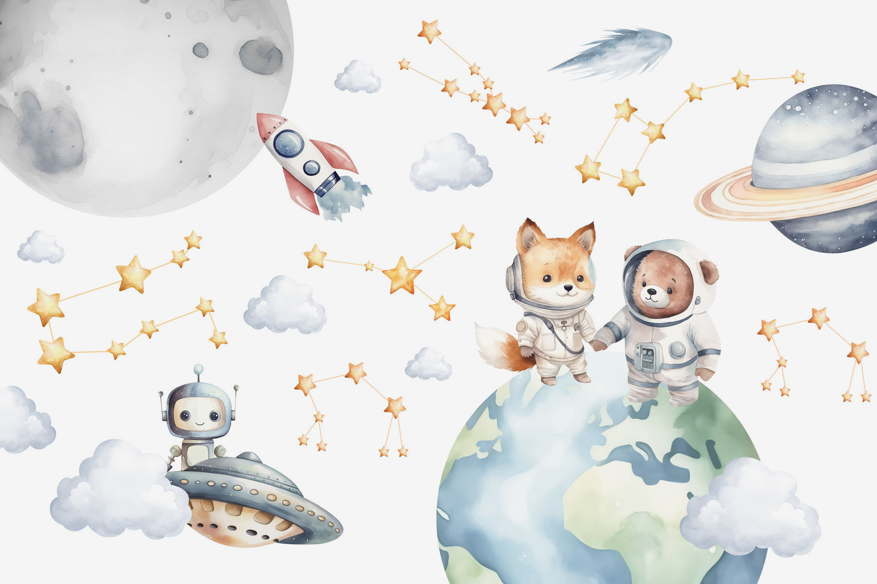 Watercolor cartoon of animals in space Watercolor cartoon of animals in space
