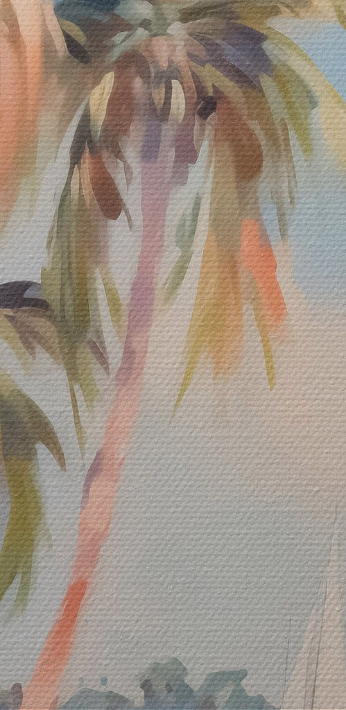 Painting of a beach with palm trees and boats