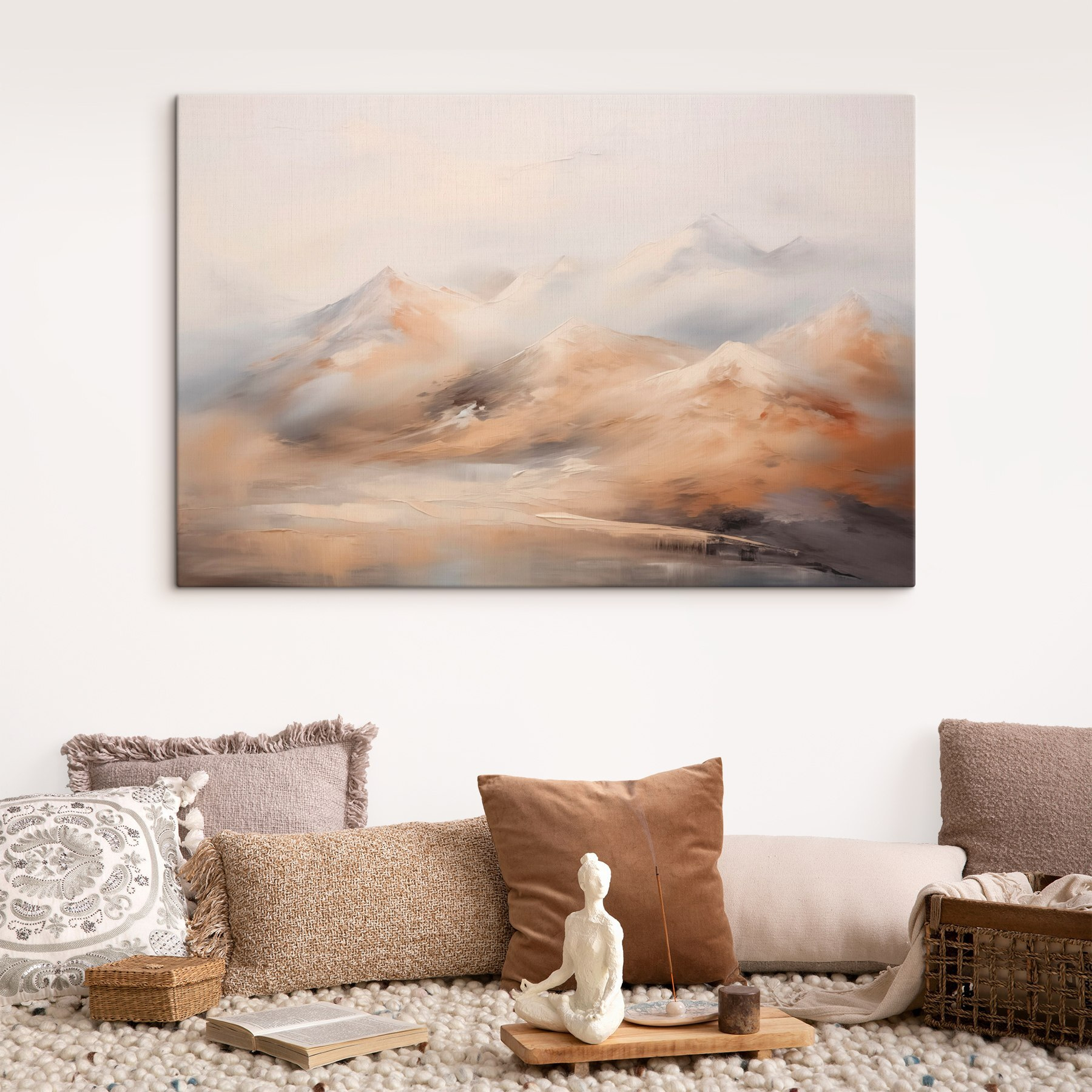 Painting of mountains and fog