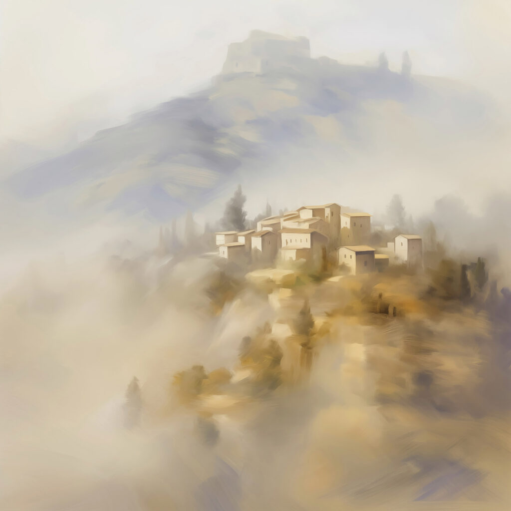 Painting of a village on a hill Painting of a village on a hill
