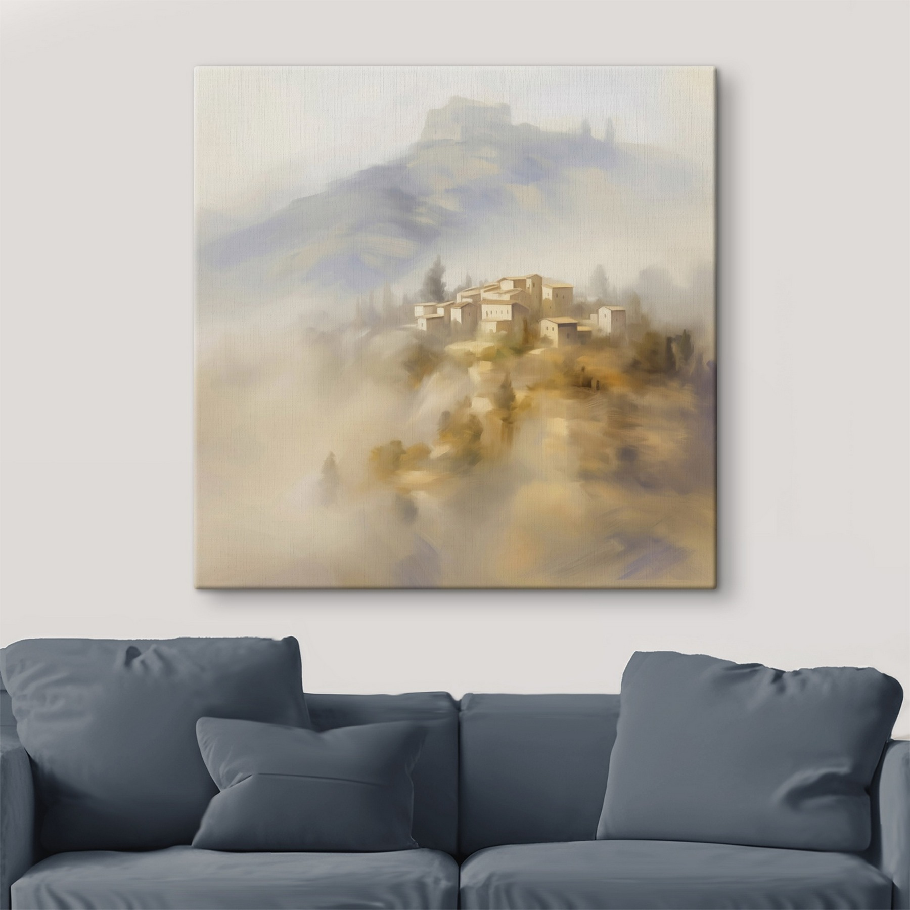 Painting of a village on a hill Painting of a village on a hill