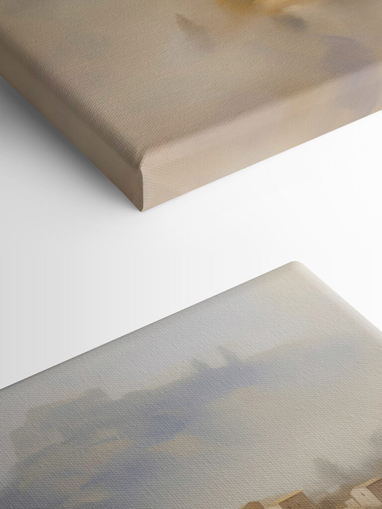 Painting of a village on a hill Painting of a village on a hill