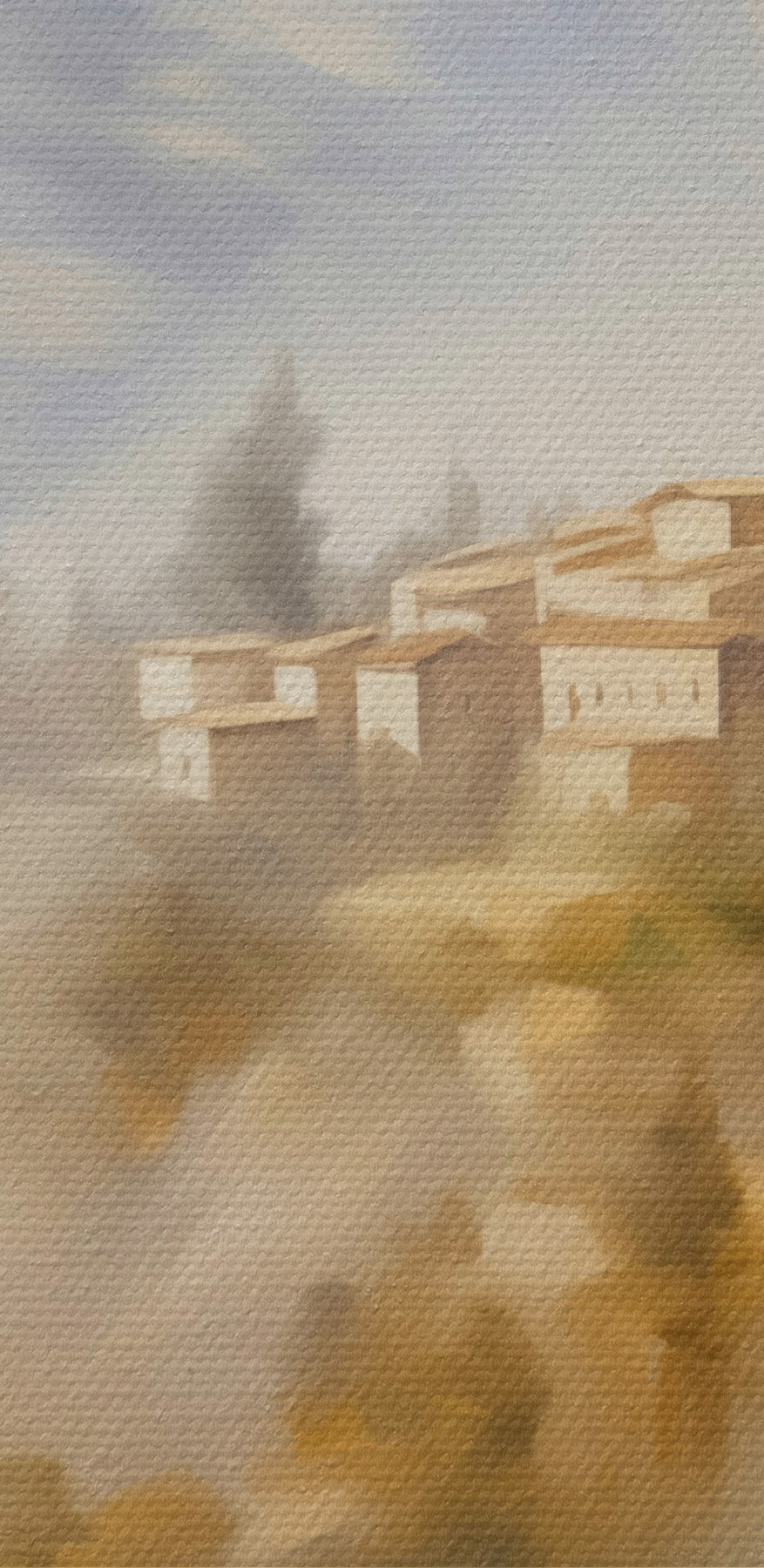 Festmény egy faluról egy dombon