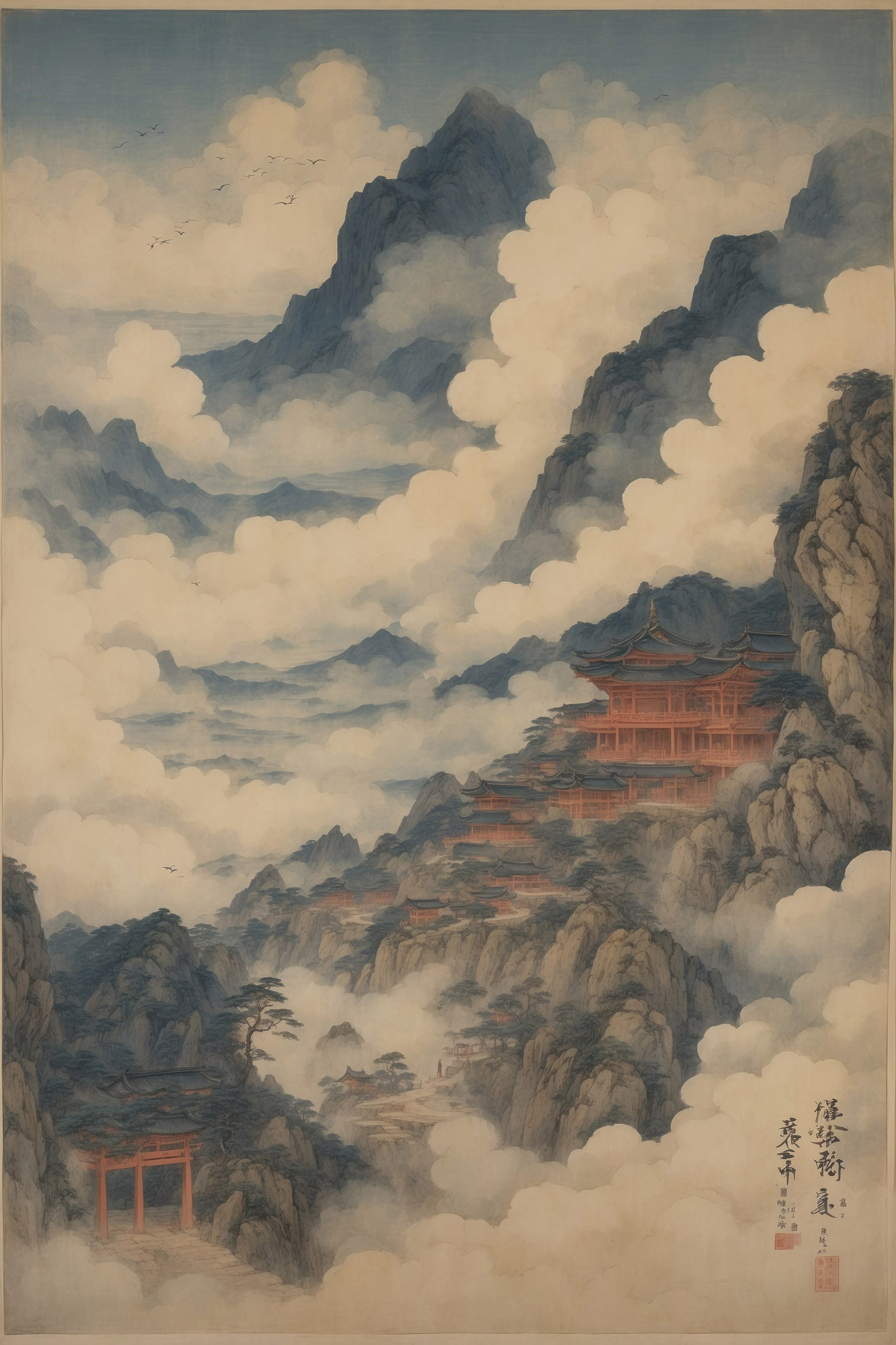 Painting of a temple on a mountain