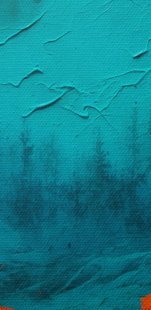 Painting of a forest with orange leaves and a full moon