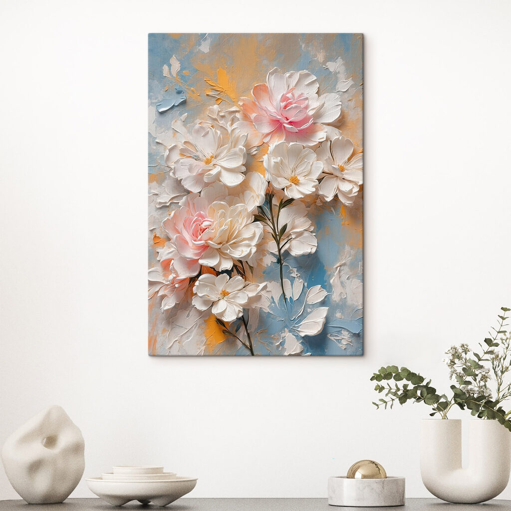 Painting of flowers on a blue and yellow background