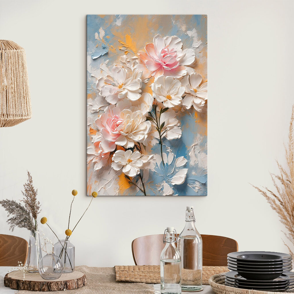 Painting of flowers on a blue and yellow background