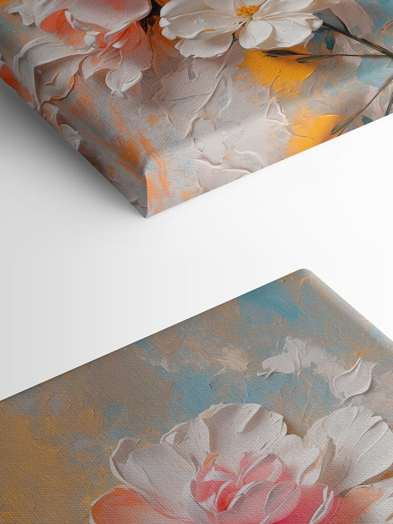 Painting of flowers on a blue and yellow background