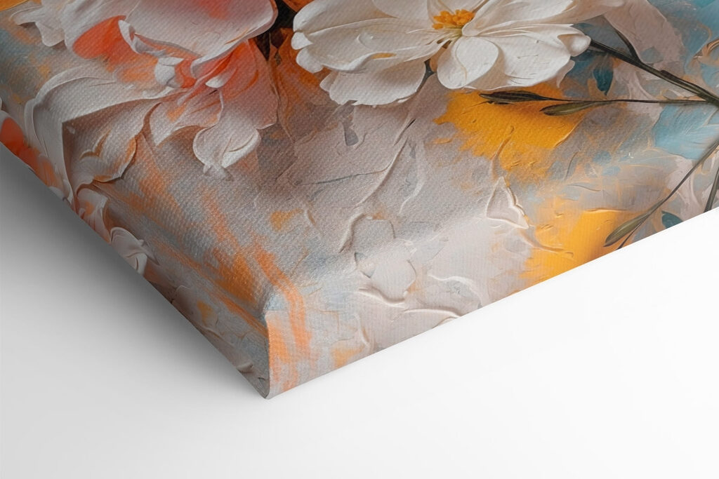 Painting of flowers on a blue and yellow background