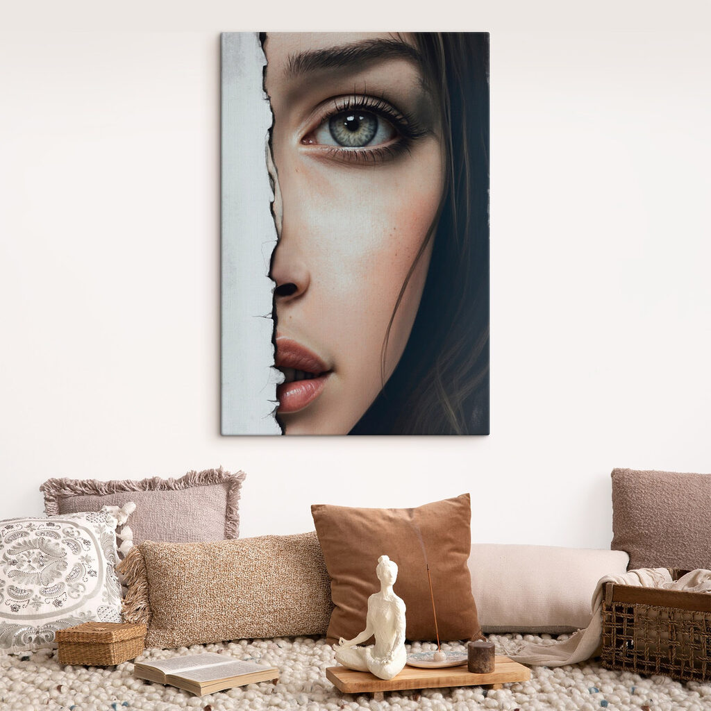 Woman's face with a torn paper