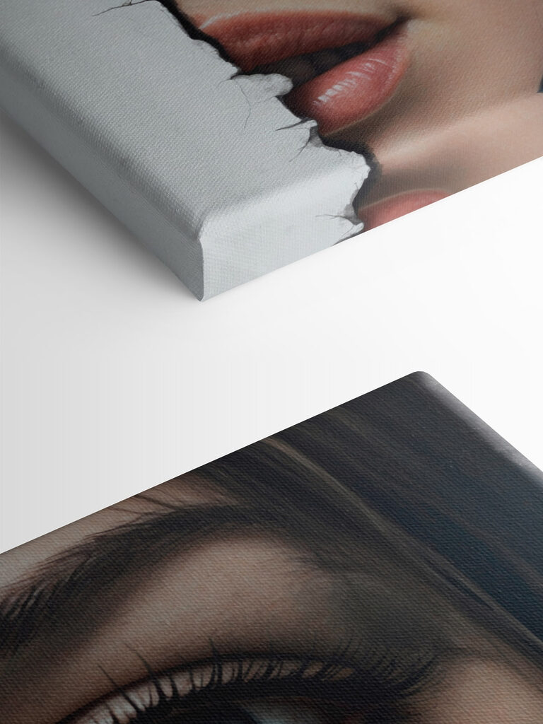 Woman's face with a torn paper