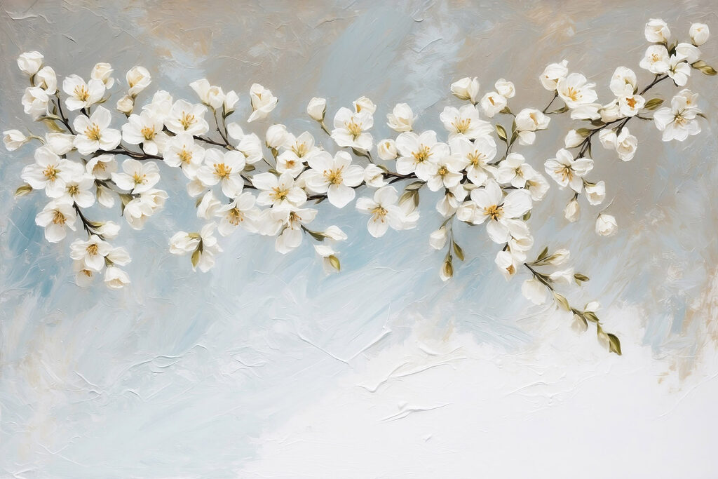 Painting of white flowers on a branch