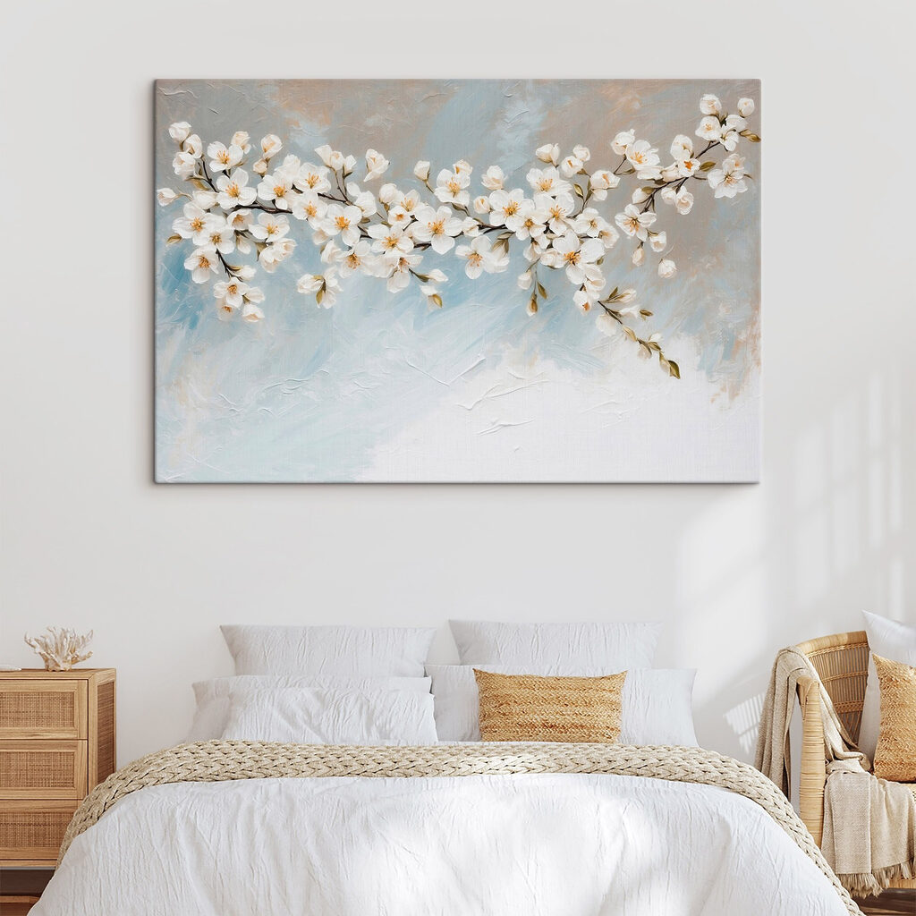 Painting of white flowers on a branch