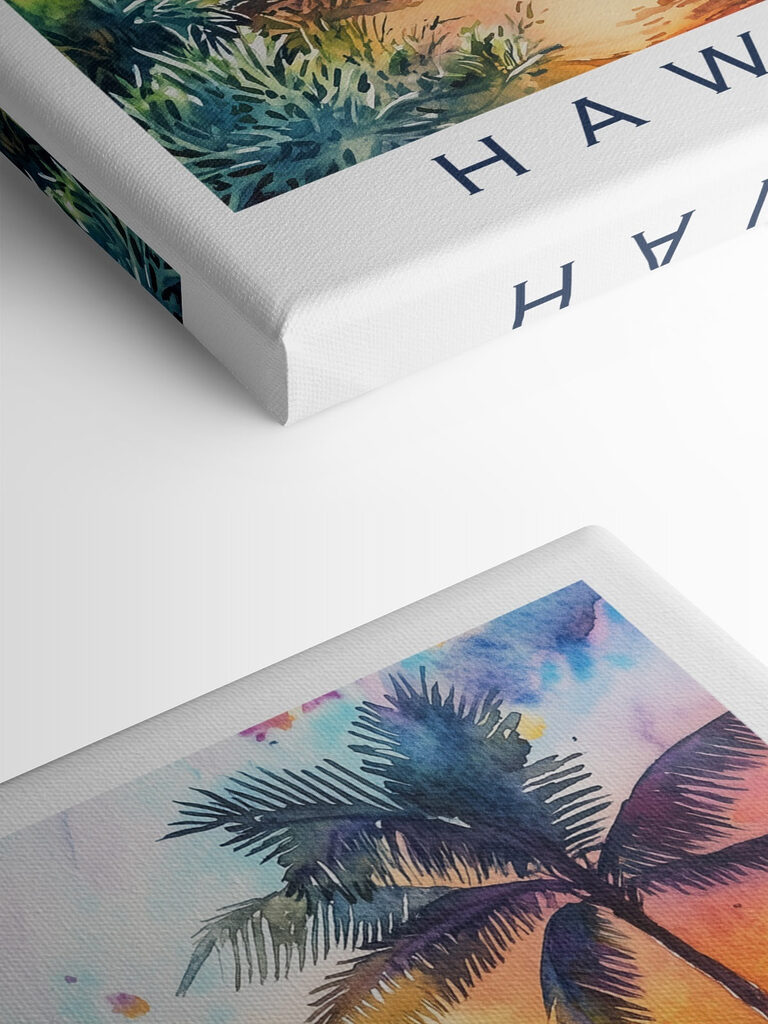 Watercolor painting of a beach with palm trees and waves