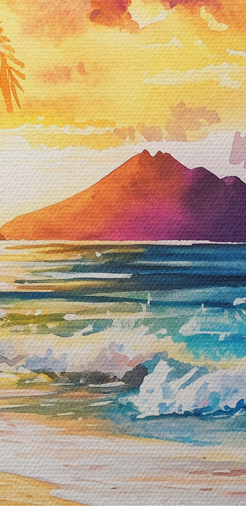 Watercolor painting of a beach with palm trees and waves
