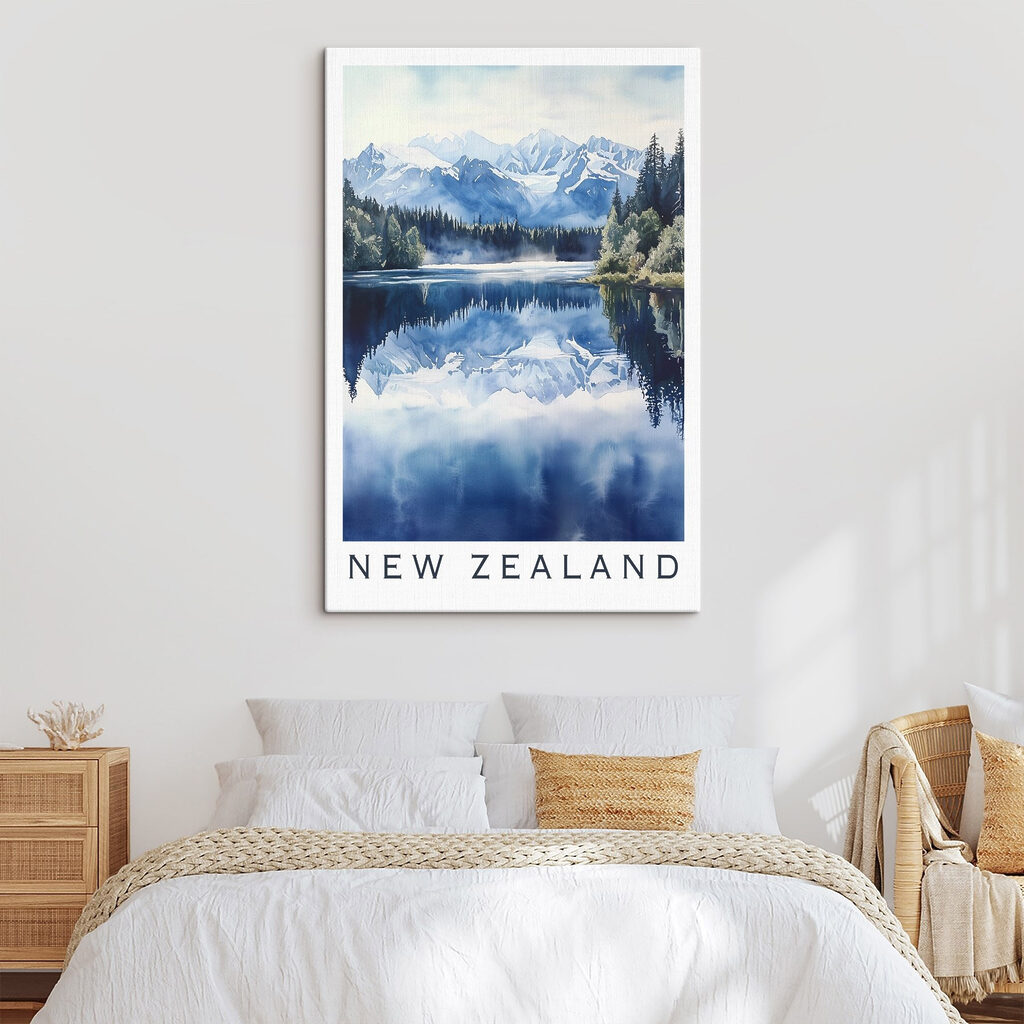 Watercolor of a lake with trees and mountains in the background