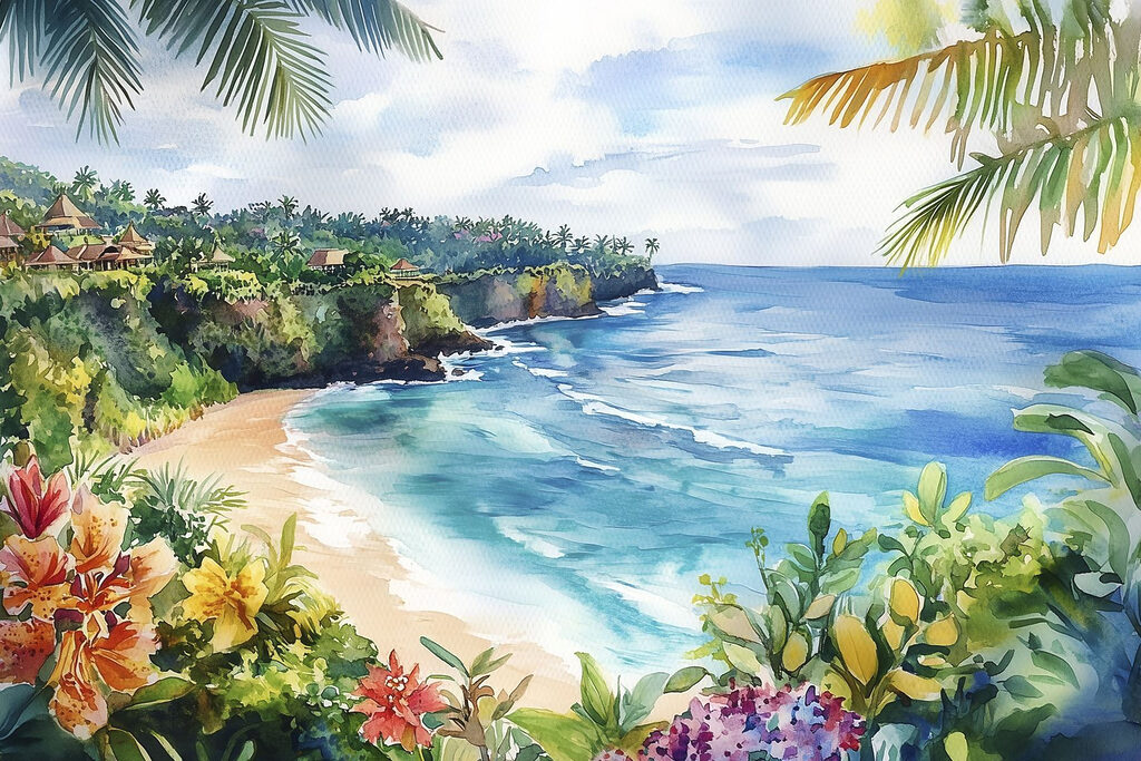 Watercolor painting of a beach and ocean Watercolor painting of a beach and ocean