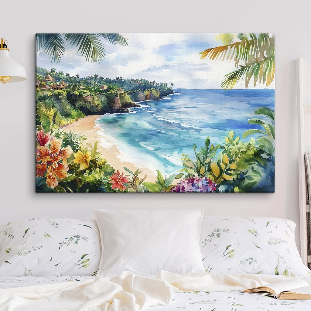Watercolor painting of a beach and ocean Watercolor painting of a beach and ocean