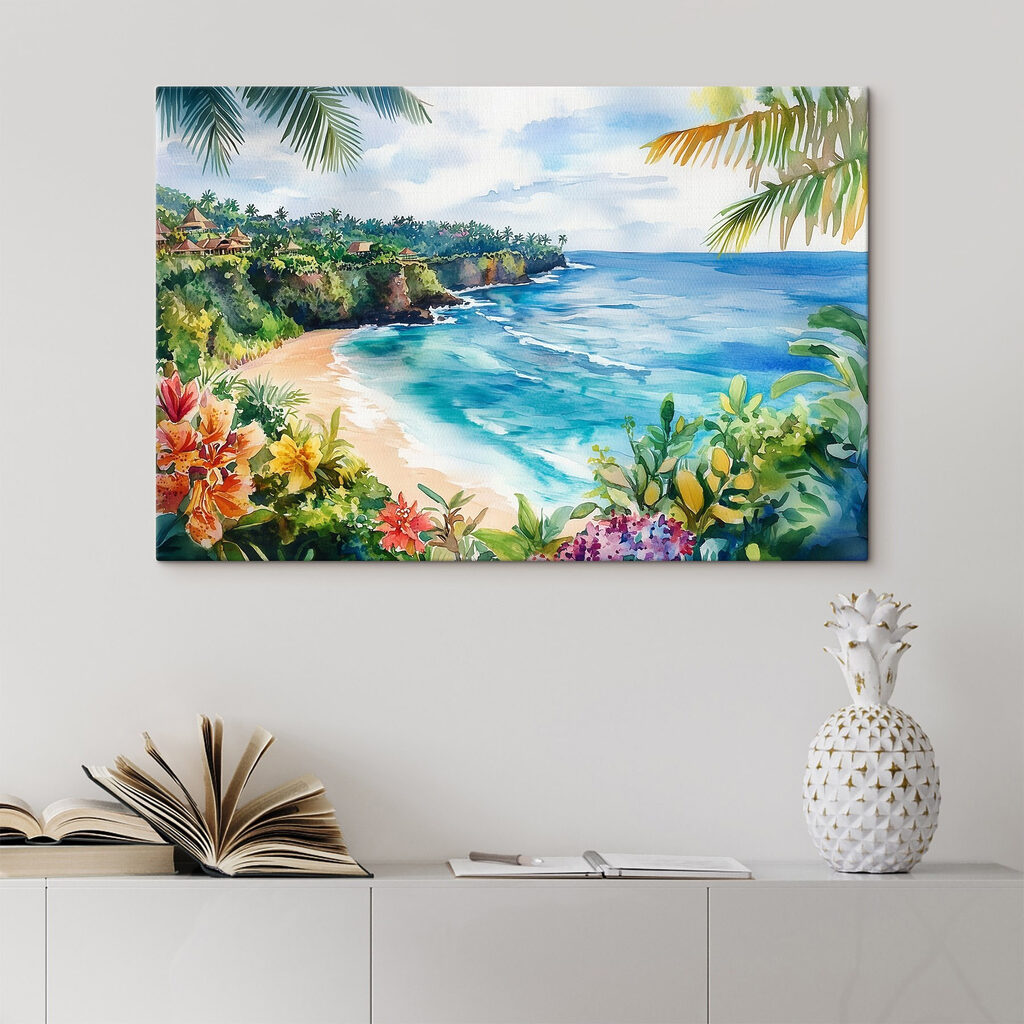 Watercolor painting of a beach and ocean Watercolor painting of a beach and ocean