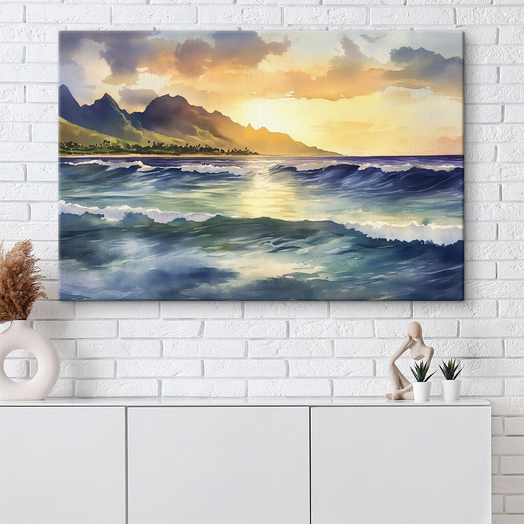 Watercolor of waves and mountains in the background