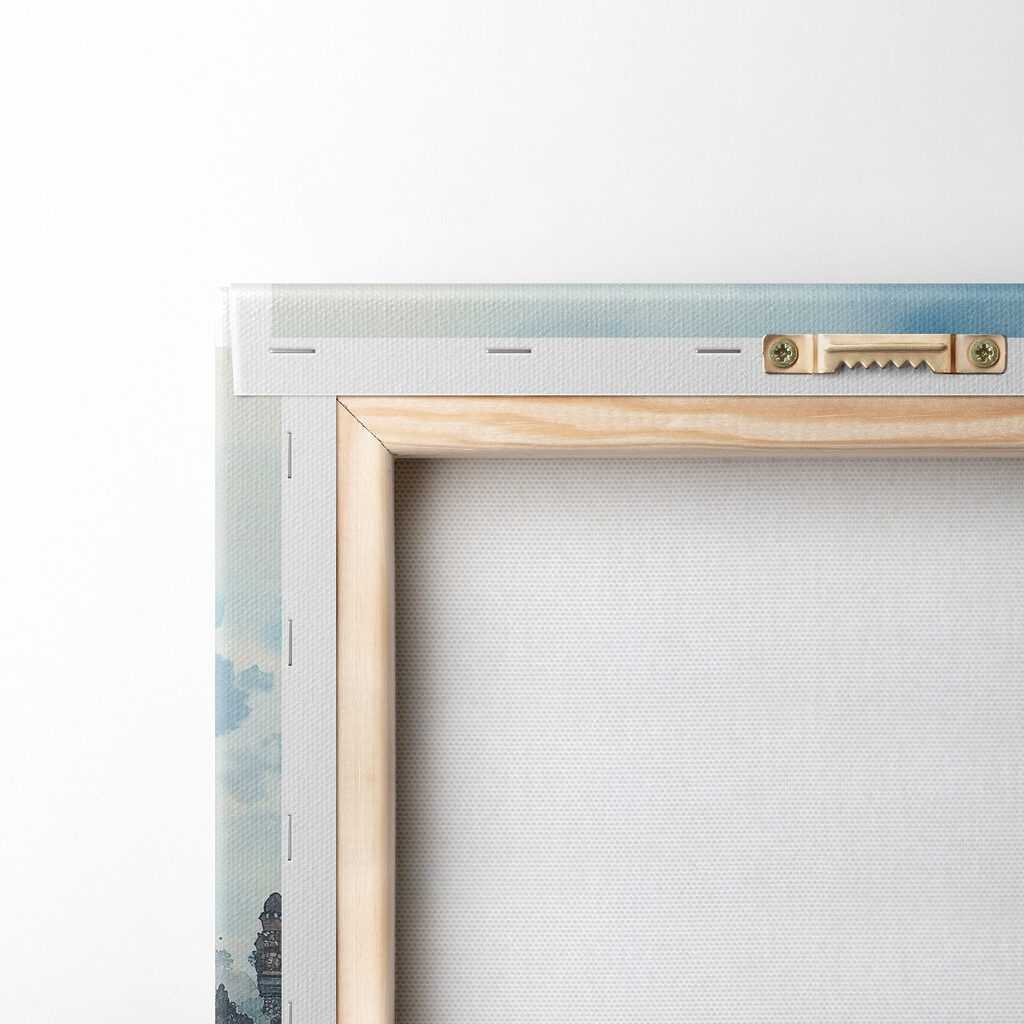 Watercolor painting of a temple with a mountain in the background