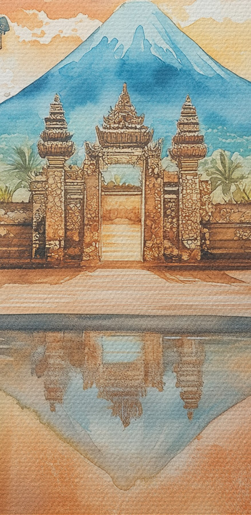 Akvarell festmény egy templomról, a háttérben hegyekkel