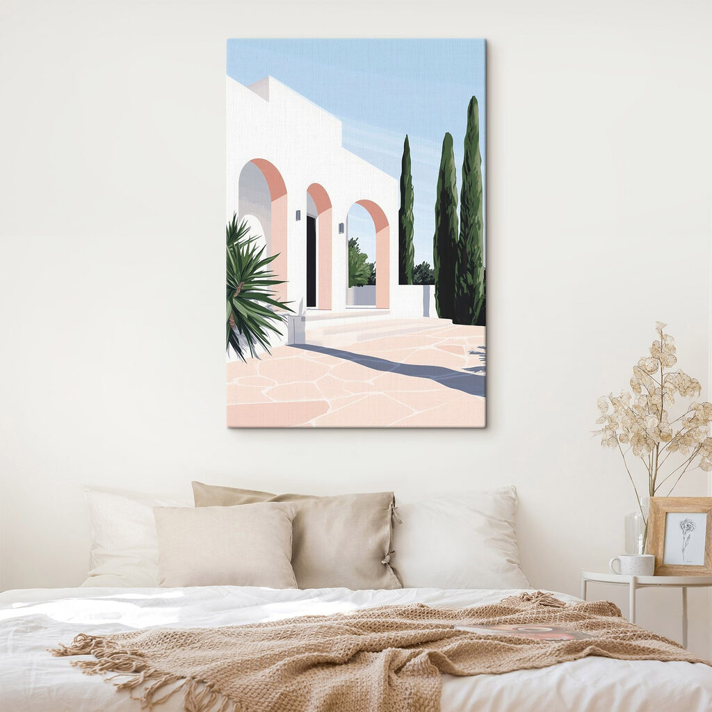 White building with pink arches and trees