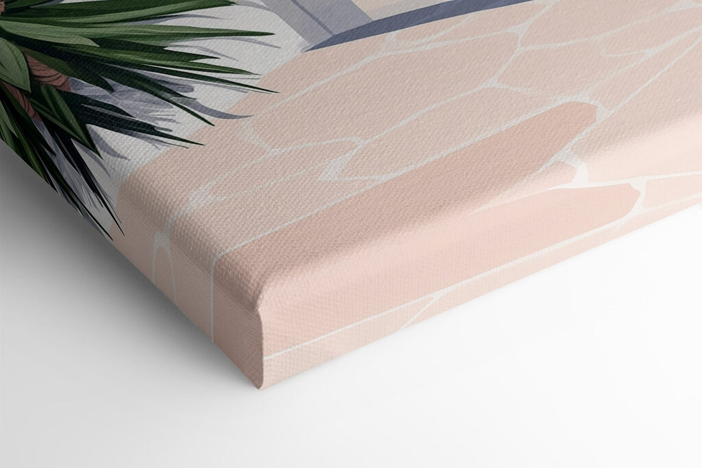 White building with pink arches and trees