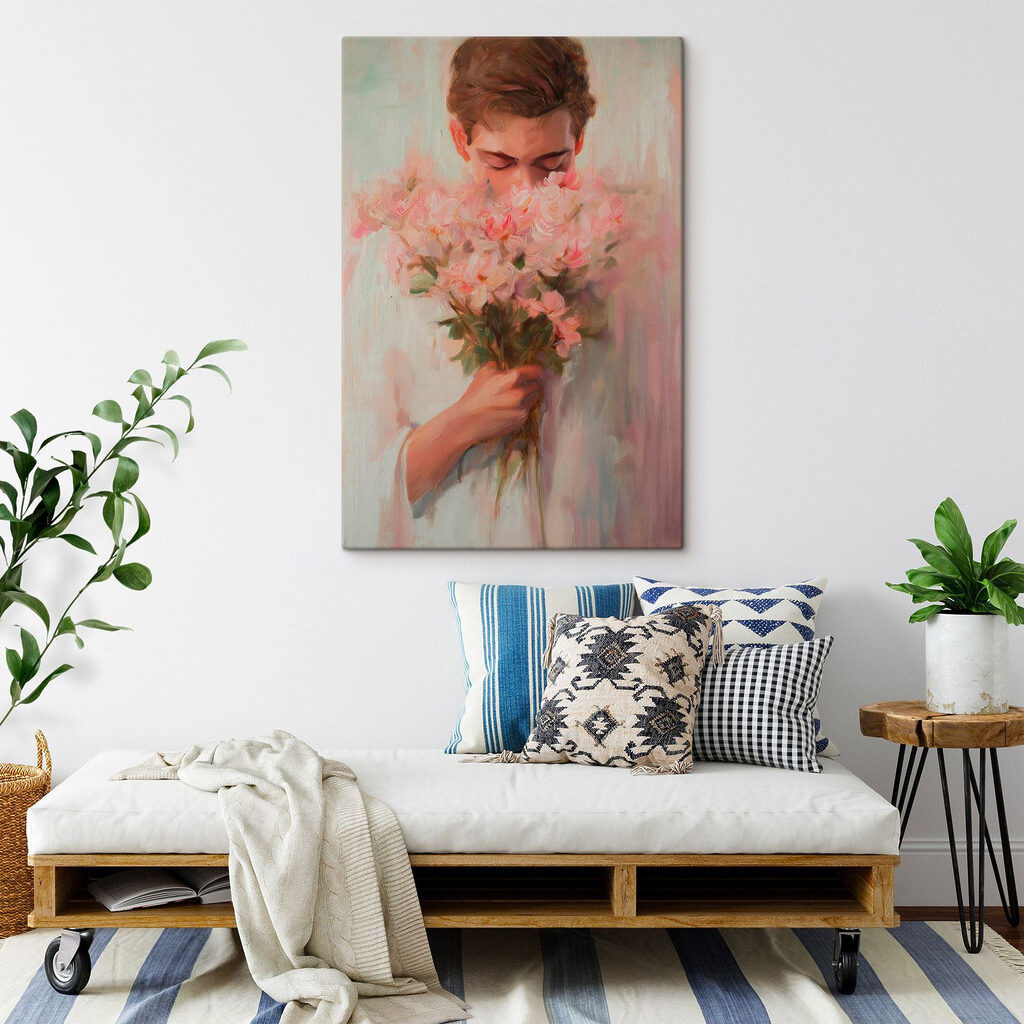 Painting of a man smelling flowers