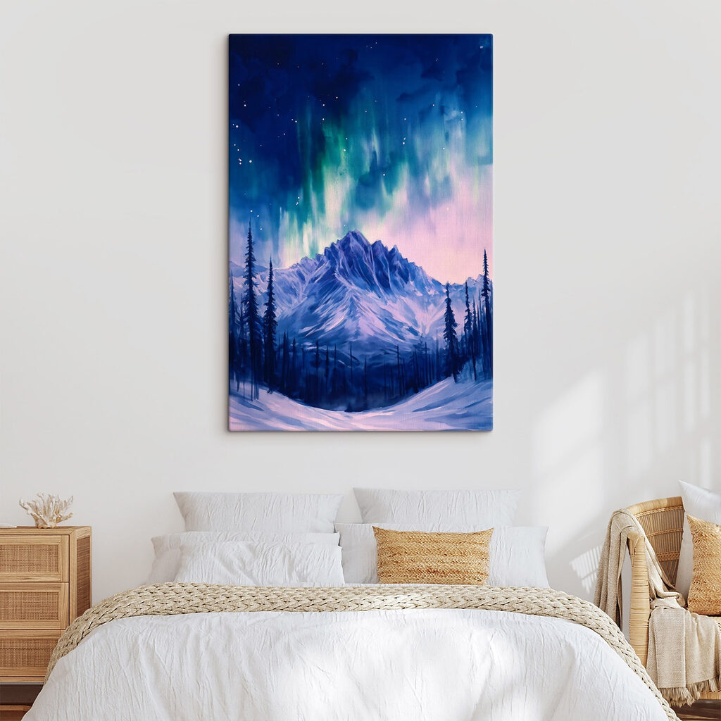 Painting of a mountain with trees and aurora borealis