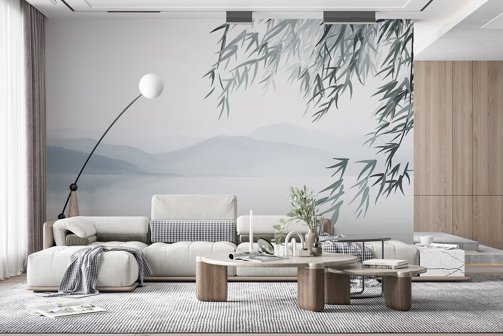 Water and trees with mountains in the background