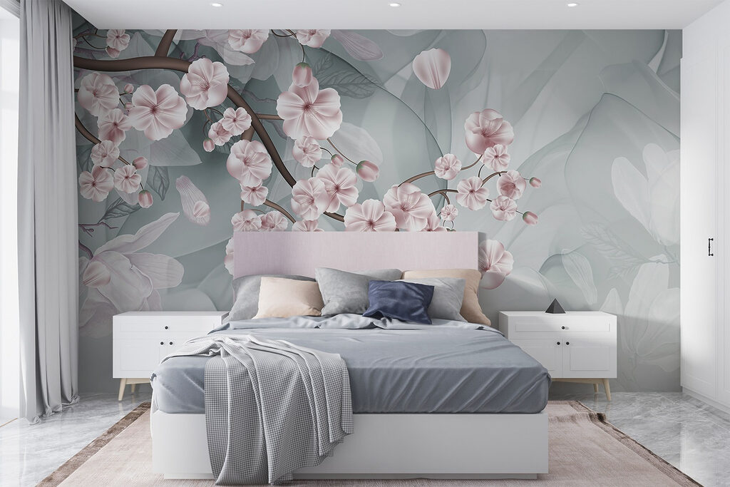 Branch with pink flowers and white flowers Branch with pink flowers and white flowers