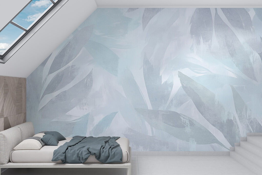 White and grey background with leaves