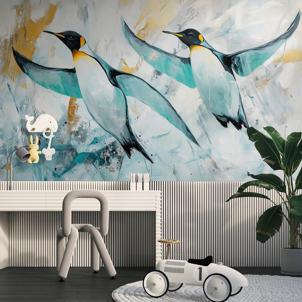 Painting of penguins flying
