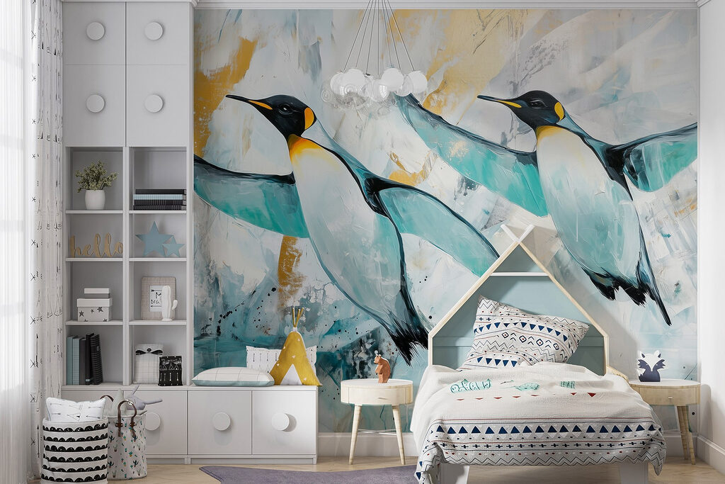 Painting of penguins flying