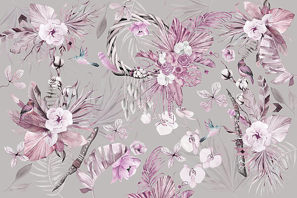 Wallpaper with flowers and feathers