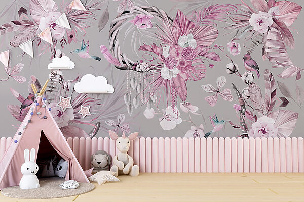 Wallpaper with flowers and feathers