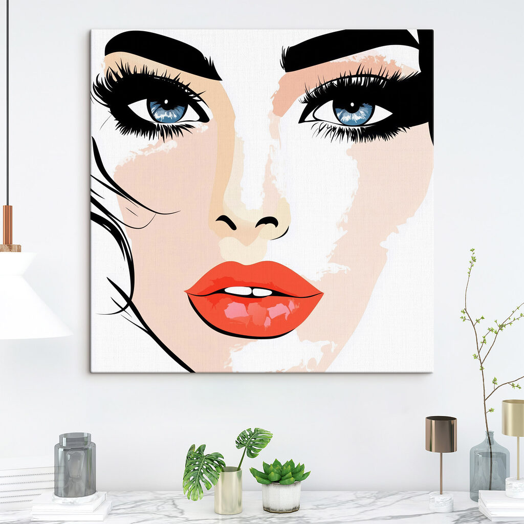Woman's face with makeup and red lips