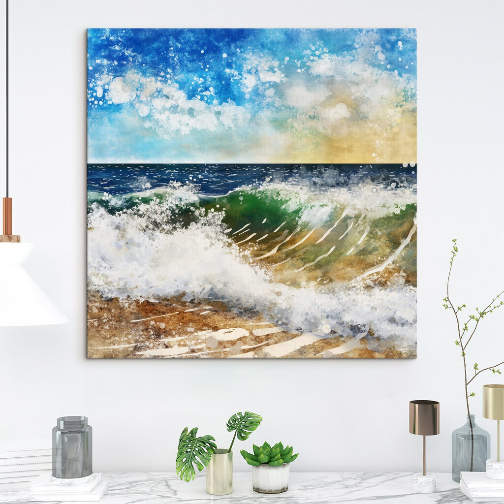 Watercolor of waves crashing on a beach
