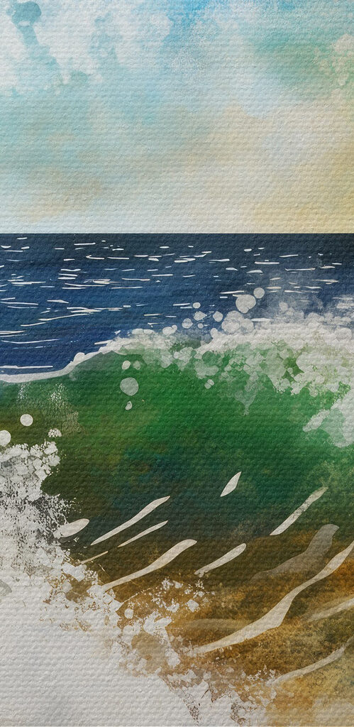 Watercolor of waves crashing on a beach