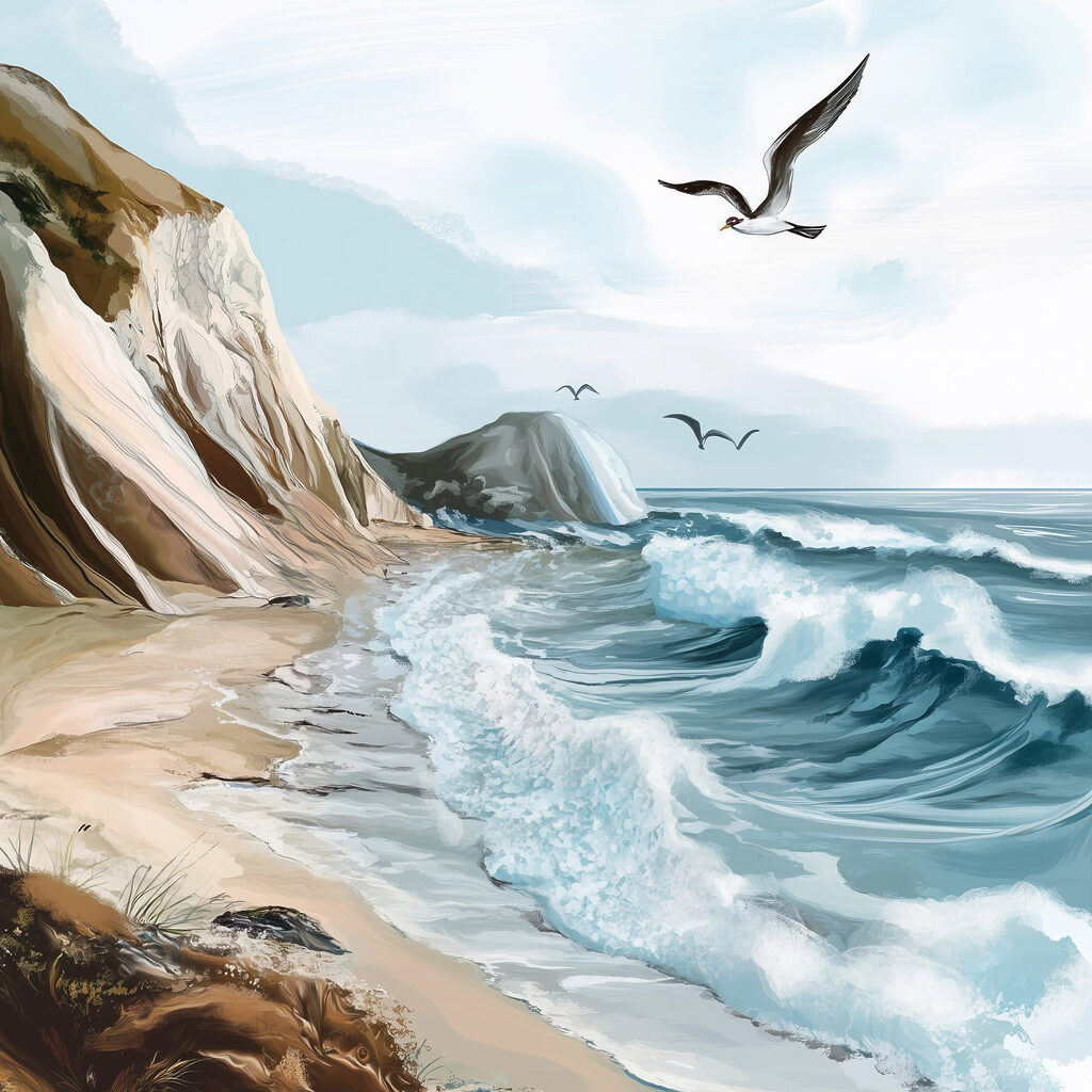 Seagull flying over a beach