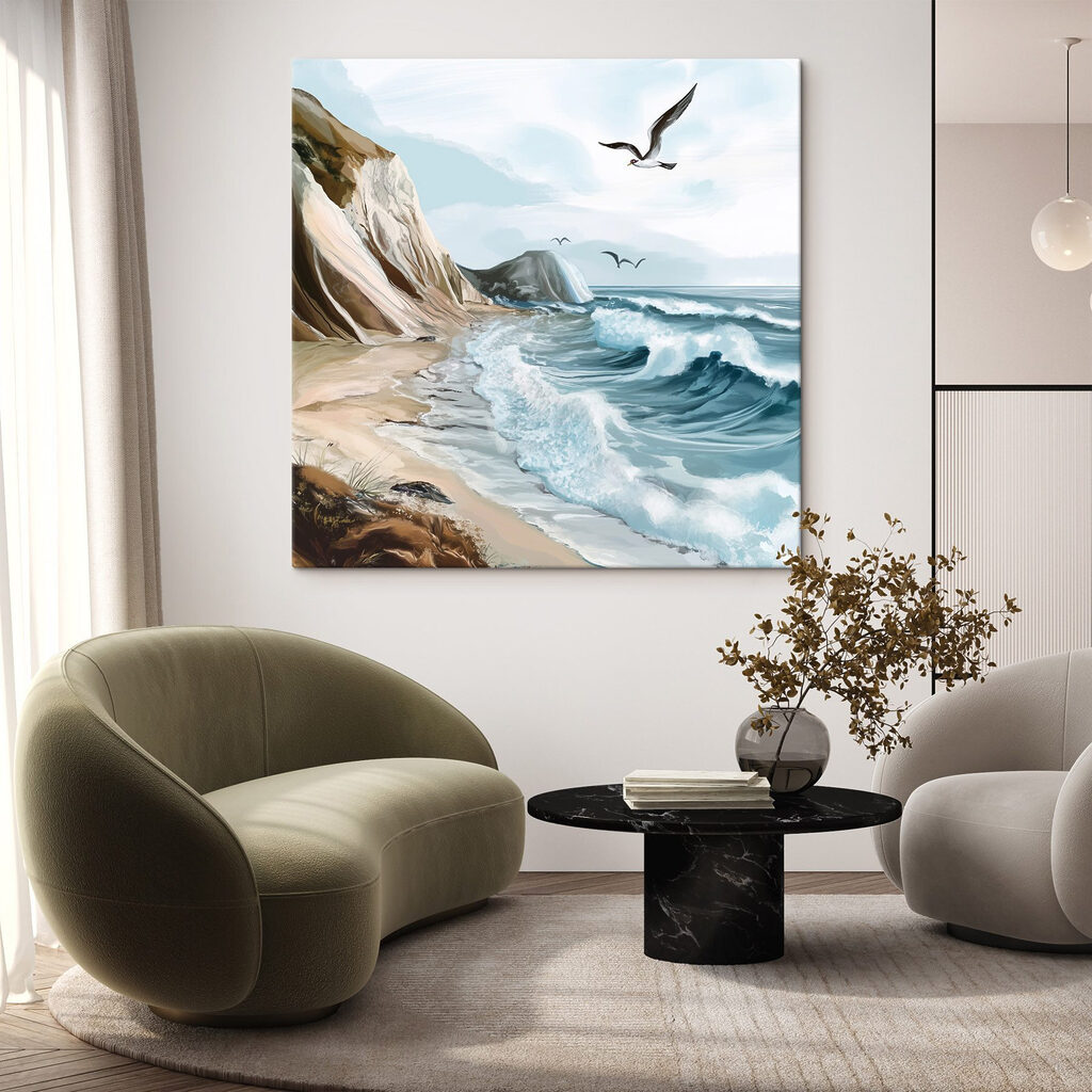 Seagull flying over a beach