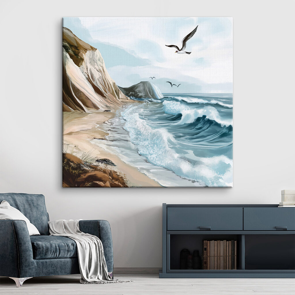 Seagull flying over a beach