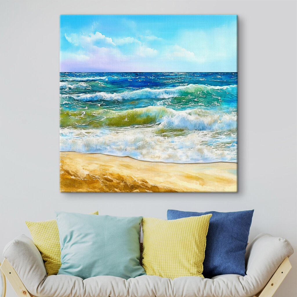 Watercolor of waves crashing on a beach