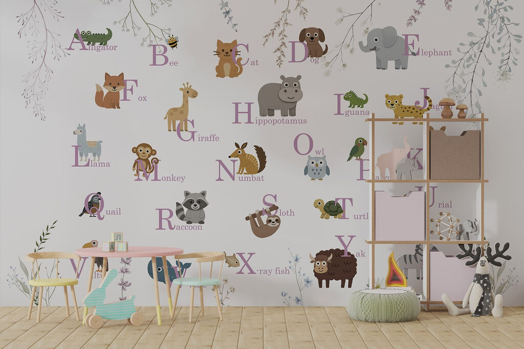 Wallpaper with animals and letters