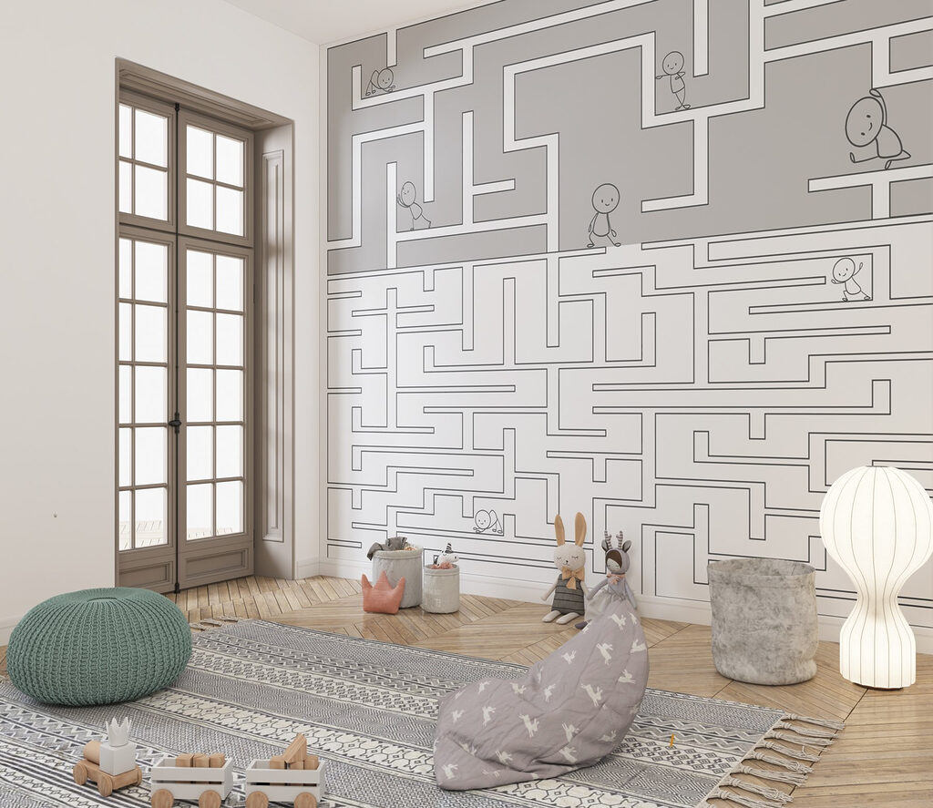 Maze game with cartoon people walking on the ground