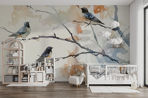 Watercolor of birds on a tree branch