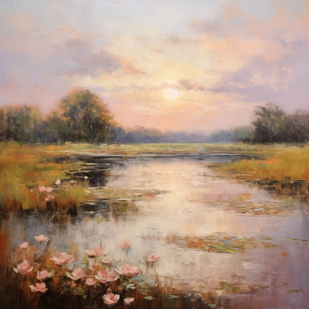Painting of a lake with flowers